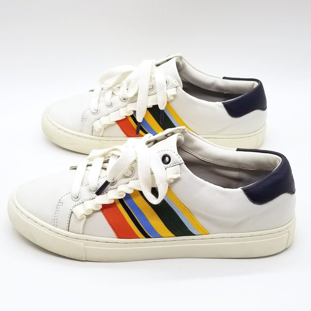 Tory Burch Sport Ruffled Rainbow Striped Leather Sneakers Size 9.5 Preppy $228 - Picture 6 of 16